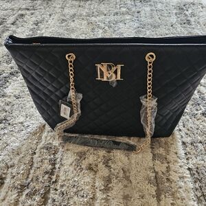 Badgley Mischka Black Quilted Tote with Gold Accents